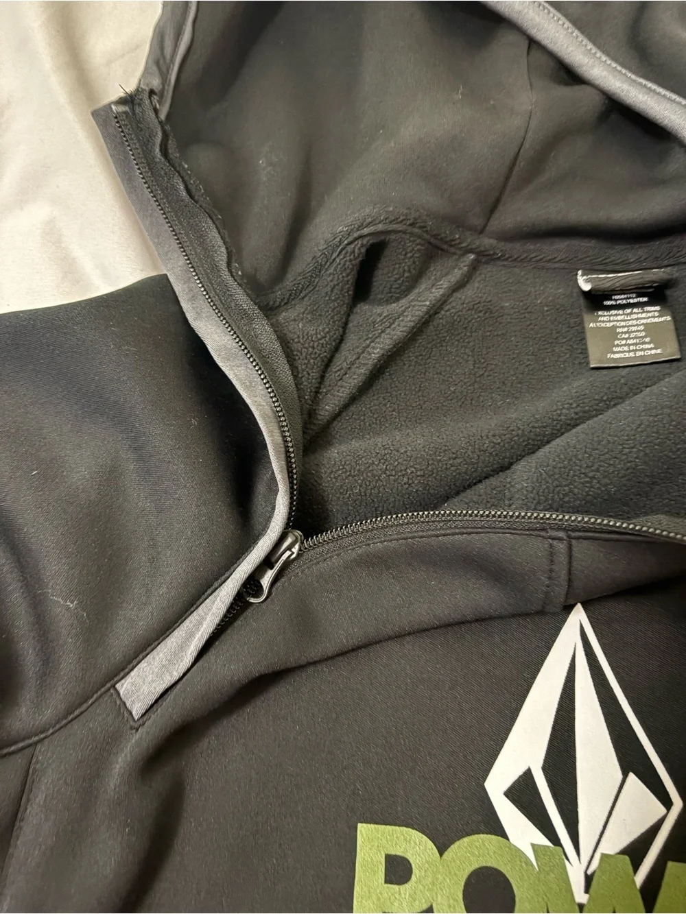 Volcom Black Hooded Crewneck with Green POW Logo and Gray Trim